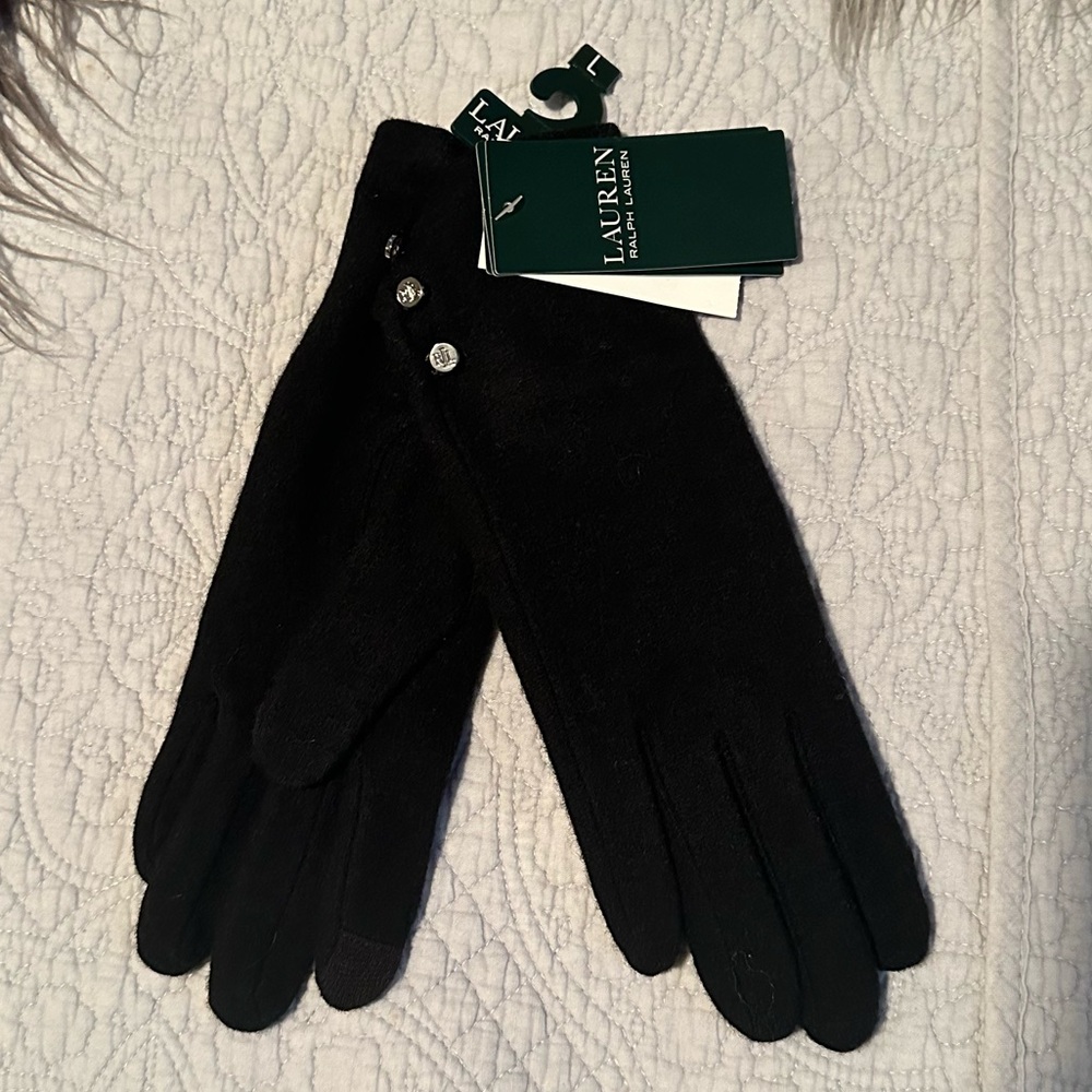 Ralph Lauren Women Size L Black Wool Cashmere Touch Gloves Water Repellent New